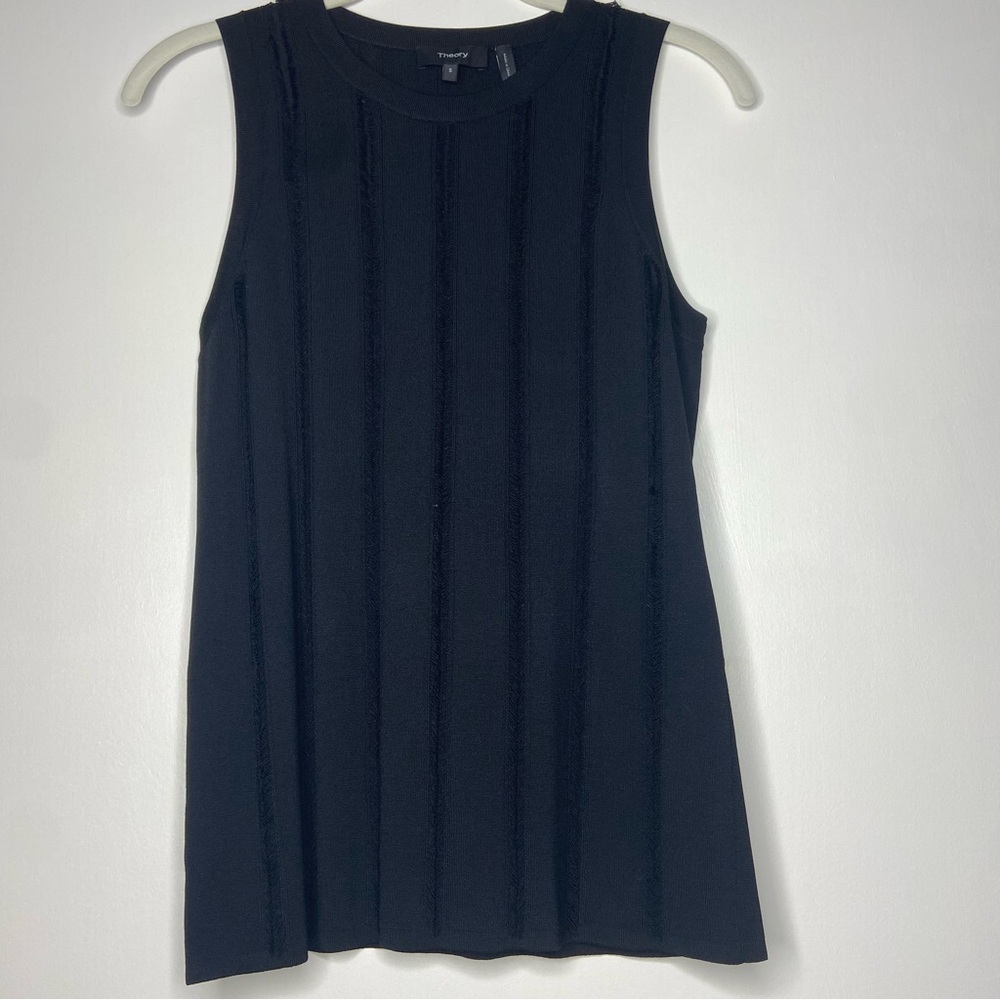 THEORY Black Fringe Knit Striped Top Small